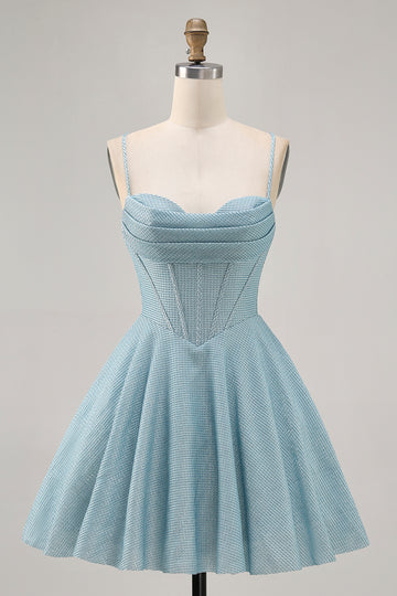 Grey Blue Corset A Line Spaghetti Straps Homecoming Dress